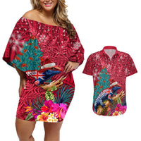 New Zealand Tuatara Christmas Couples Matching Off Shoulder Short Dress and Hawaiian Shirt Silver Fern and Xmas Pohutukawa Tree Red Color LT03 Red - Polynesian Pride