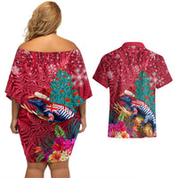 New Zealand Tuatara Christmas Couples Matching Off Shoulder Short Dress and Hawaiian Shirt Silver Fern and Xmas Pohutukawa Tree Red Color LT03 - Polynesian Pride