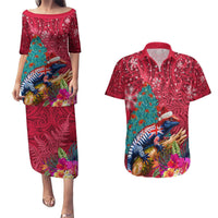 New Zealand Tuatara Christmas Couples Matching Puletasi and Hawaiian Shirt Silver Fern and Xmas Pohutukawa Tree Red Color LT03 Red - Polynesian Pride