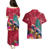 New Zealand Tuatara Christmas Couples Matching Puletasi and Hawaiian Shirt Silver Fern and Xmas Pohutukawa Tree Red Color LT03 - Polynesian Pride