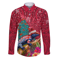 New Zealand Tuatara Christmas Family Matching Off Shoulder Short Dress and Hawaiian Shirt Silver Fern and Xmas Pohutukawa Tree Red Color