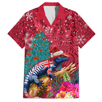 New Zealand Tuatara Christmas Family Matching Short Sleeve Bodycon Dress and Hawaiian Shirt Silver Fern and Xmas Pohutukawa Tree Red Color