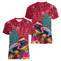 New Zealand Tuatara Christmas Women V-Neck T-Shirt Silver Fern and Xmas Pohutukawa Tree Red Color