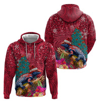 New Zealand Tuatara Christmas Zip Hoodie Silver Fern and Xmas Pohutukawa Tree Red Color