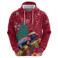 New Zealand Tuatara Christmas Zip Hoodie Silver Fern and Xmas Pohutukawa Tree Red Color