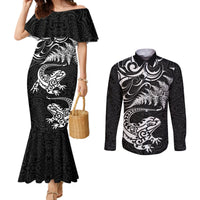 New Zealand Tuatara Tribal Tattoo Couples Matching Mermaid Dress and Long Sleeve Button Shirt Silver Fern and Maori Pattern Black Color LT03 Black - Polynesian Pride
