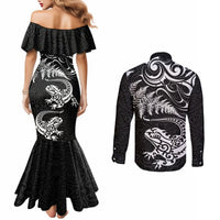 New Zealand Tuatara Tribal Tattoo Couples Matching Mermaid Dress and Long Sleeve Button Shirt Silver Fern and Maori Pattern Black Color LT03 - Polynesian Pride