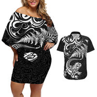 New Zealand Tuatara Tribal Tattoo Couples Matching Off Shoulder Short Dress and Hawaiian Shirt Silver Fern and Maori Pattern Black Color LT03 Black - Polynesian Pride
