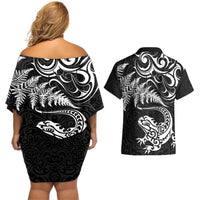 New Zealand Tuatara Tribal Tattoo Couples Matching Off Shoulder Short Dress and Hawaiian Shirt Silver Fern and Maori Pattern Black Color LT03 - Polynesian Pride