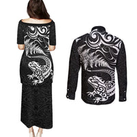New Zealand Tuatara Tribal Tattoo Couples Matching Puletasi and Long Sleeve Button Shirt Silver Fern and Maori Pattern Black Color LT03 - Polynesian Pride