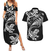 New Zealand Tuatara Tribal Tattoo Couples Matching Summer Maxi Dress and Hawaiian Shirt Silver Fern and Maori Pattern Black Color LT03 Black - Polynesian Pride