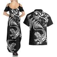 New Zealand Tuatara Tribal Tattoo Couples Matching Summer Maxi Dress and Hawaiian Shirt Silver Fern and Maori Pattern Black Color LT03 - Polynesian Pride