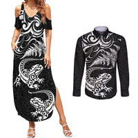 New Zealand Tuatara Tribal Tattoo Couples Matching Summer Maxi Dress and Long Sleeve Button Shirt Silver Fern and Maori Pattern Black Color LT03 Black - Polynesian Pride