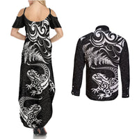 New Zealand Tuatara Tribal Tattoo Couples Matching Summer Maxi Dress and Long Sleeve Button Shirt Silver Fern and Maori Pattern Black Color LT03 - Polynesian Pride