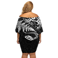 New Zealand Tuatara Tribal Tattoo Off Shoulder Short Dress Silver Fern and Maori Pattern Black Color LT03 - Polynesian Pride