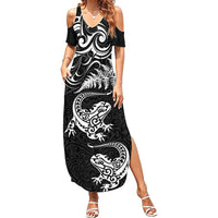 New Zealand Tuatara Tribal Tattoo Summer Maxi Dress Silver Fern and Maori Pattern Black Color LT03 Women Black - Polynesian Pride