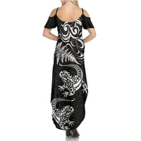 New Zealand Tuatara Tribal Tattoo Summer Maxi Dress Silver Fern and Maori Pattern Black Color LT03 - Polynesian Pride