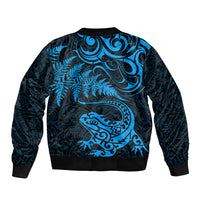 New Zealand Tuatara Tribal Tattoo Bomber Jacket Silver Fern and Maori Pattern Blue Color LT03 - Polynesian Pride