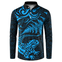 New Zealand Tuatara Tribal Tattoo Button Sweatshirt Silver Fern and Maori Pattern Blue Color LT03 Blue - Polynesian Pride