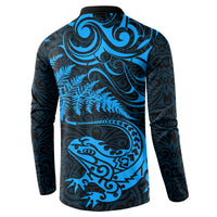 New Zealand Tuatara Tribal Tattoo Button Sweatshirt Silver Fern and Maori Pattern Blue Color LT03 - Polynesian Pride