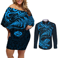 New Zealand Tuatara Tribal Tattoo Couples Matching Off Shoulder Short Dress and Long Sleeve Button Shirt Silver Fern and Maori Pattern Blue Color LT03 Blue - Polynesian Pride