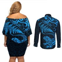 New Zealand Tuatara Tribal Tattoo Couples Matching Off Shoulder Short Dress and Long Sleeve Button Shirt Silver Fern and Maori Pattern Blue Color LT03 - Polynesian Pride