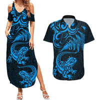 New Zealand Tuatara Tribal Tattoo Couples Matching Summer Maxi Dress and Hawaiian Shirt Silver Fern and Maori Pattern Blue Color LT03 Blue - Polynesian Pride