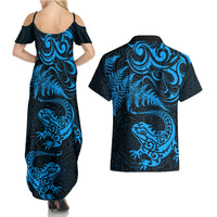 New Zealand Tuatara Tribal Tattoo Couples Matching Summer Maxi Dress and Hawaiian Shirt Silver Fern and Maori Pattern Blue Color LT03 - Polynesian Pride