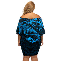 New Zealand Tuatara Tribal Tattoo Off Shoulder Short Dress Silver Fern and Maori Pattern Blue Color LT03 - Polynesian Pride