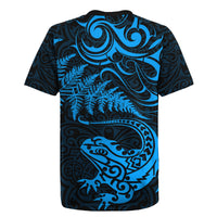 New Zealand Tuatara Tribal Tattoo Rugby Jersey Silver Fern and Maori Pattern Blue Color