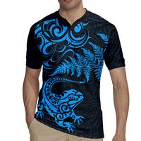 New Zealand Tuatara Tribal Tattoo Rugby Jersey Silver Fern and Maori Pattern Blue Color