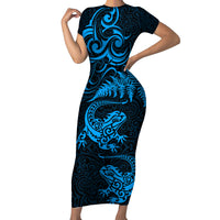 New Zealand Tuatara Tribal Tattoo Short Sleeve Bodycon Dress Silver Fern and Maori Pattern Blue Color
