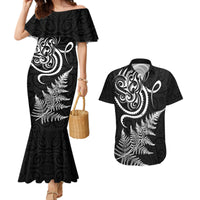 New Zealand Octopus Tattoo and Fern Couples Matching Mermaid Dress and Hawaiian Shirt Maori Pattern LT03 Black - Polynesian Pride