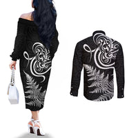New Zealand Octopus Tattoo and Fern Couples Matching Off The Shoulder Long Sleeve Dress and Long Sleeve Button Shirt Maori Pattern