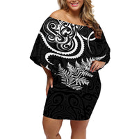 New Zealand Octopus Tattoo and Fern Off Shoulder Short Dress Maori Pattern LT03 Women Black - Polynesian Pride
