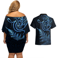 New Zealand Octopus Tattoo and Fern Couples Matching Off Shoulder Short Dress and Hawaiian Shirt Maori Pattern Matariki Style