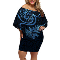 New Zealand Octopus Tattoo and Fern Off Shoulder Short Dress Maori Pattern Matariki Style LT03 Women Blue - Polynesian Pride