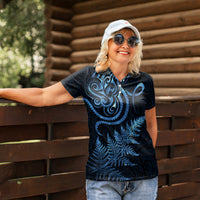 New Zealand Octopus Tattoo and Fern Women Polo Shirt Maori Pattern Matariki Style