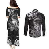 New Zealand Crocodile Tattoo and Fern Couples Matching Puletasi and Long Sleeve Button Shirt Maori Pattern