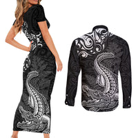 New Zealand Crocodile Tattoo and Fern Couples Matching Short Sleeve Bodycon Dress and Long Sleeve Button Shirt Maori Pattern