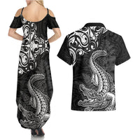 New Zealand Crocodile Tattoo and Fern Couples Matching Summer Maxi Dress and Hawaiian Shirt Maori Pattern