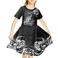 New Zealand Crocodile Tattoo and Fern Kid Short Sleeve Dress Maori Pattern