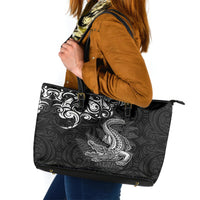 New Zealand Crocodile Tattoo and Fern Leather Tote Bag Maori Pattern LT03 Black - Polynesian Pride