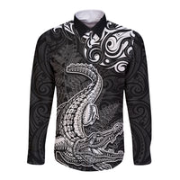 New Zealand Crocodile Tattoo and Fern Long Sleeve Button Shirt Maori Pattern