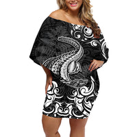 New Zealand Crocodile Tattoo and Fern Off Shoulder Short Dress Maori Pattern LT03 Women Black - Polynesian Pride