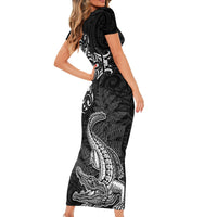 New Zealand Crocodile Tattoo and Fern Short Sleeve Bodycon Dress Maori Pattern