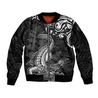 New Zealand Crocodile Tattoo and Fern Sleeve Zip Bomber Jacket Maori Pattern LT03 Unisex Black - Polynesian Pride