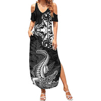 New Zealand Crocodile Tattoo and Fern Summer Maxi Dress Maori Pattern LT03 Women Black - Polynesian Pride