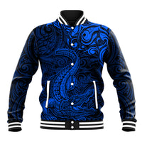 New Zealand Crocodile Tattoo and Fern Baseball Jacket Maori Pattern Blue Color LT03 Unisex Blue - Polynesian Pride