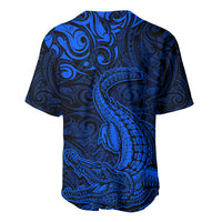 New Zealand Crocodile Tattoo and Fern Baseball Jersey Maori Pattern Blue Color